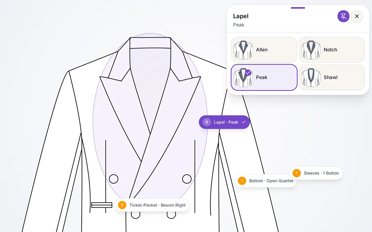 The Tailor Tech configuration screen: the jacket drawn in 2D, the options marked on the drawing and the choice of lapel