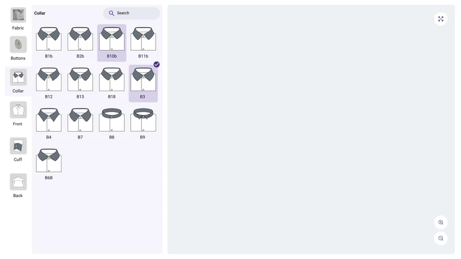 Interface du catalogue 2D interactif Tailor Tech montrant la composition d’une pièce avec les choix de tissu, coupe et finition